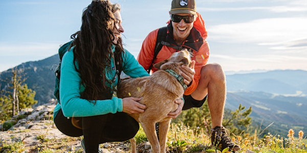 Two hikers petting a dog in the mountains on a hike.