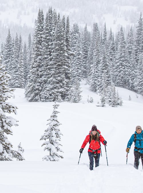 Two people snowhsoeing in deep snow wearing the Oboz Bridger insulated hiking boots