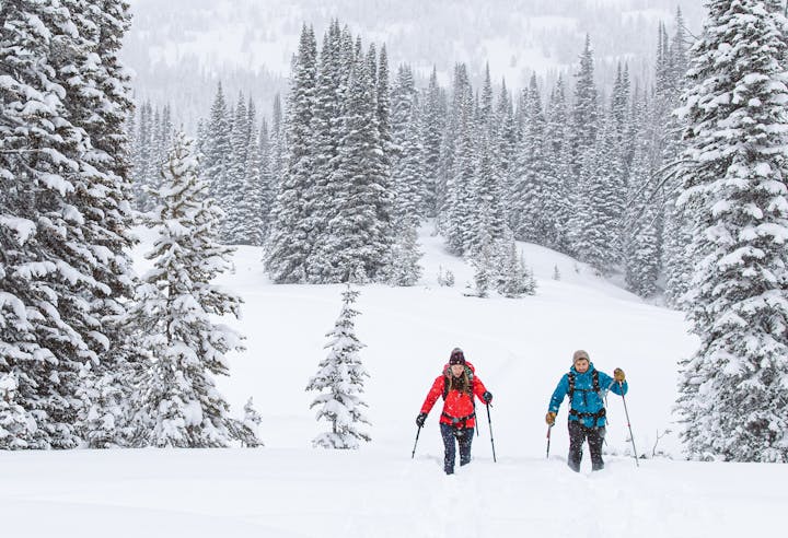 Two people snowhsoeing in deep snow wearing the Oboz Bridger insulated hiking boots