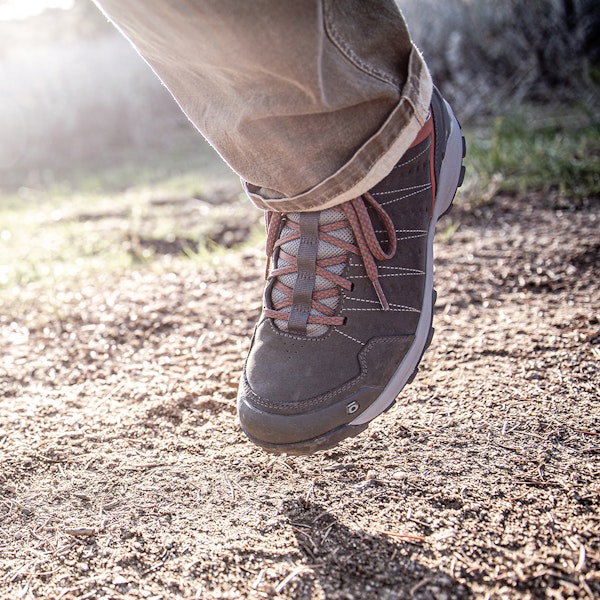 The versatile Oboz Sypes Low Leather hiking shoe on foot.