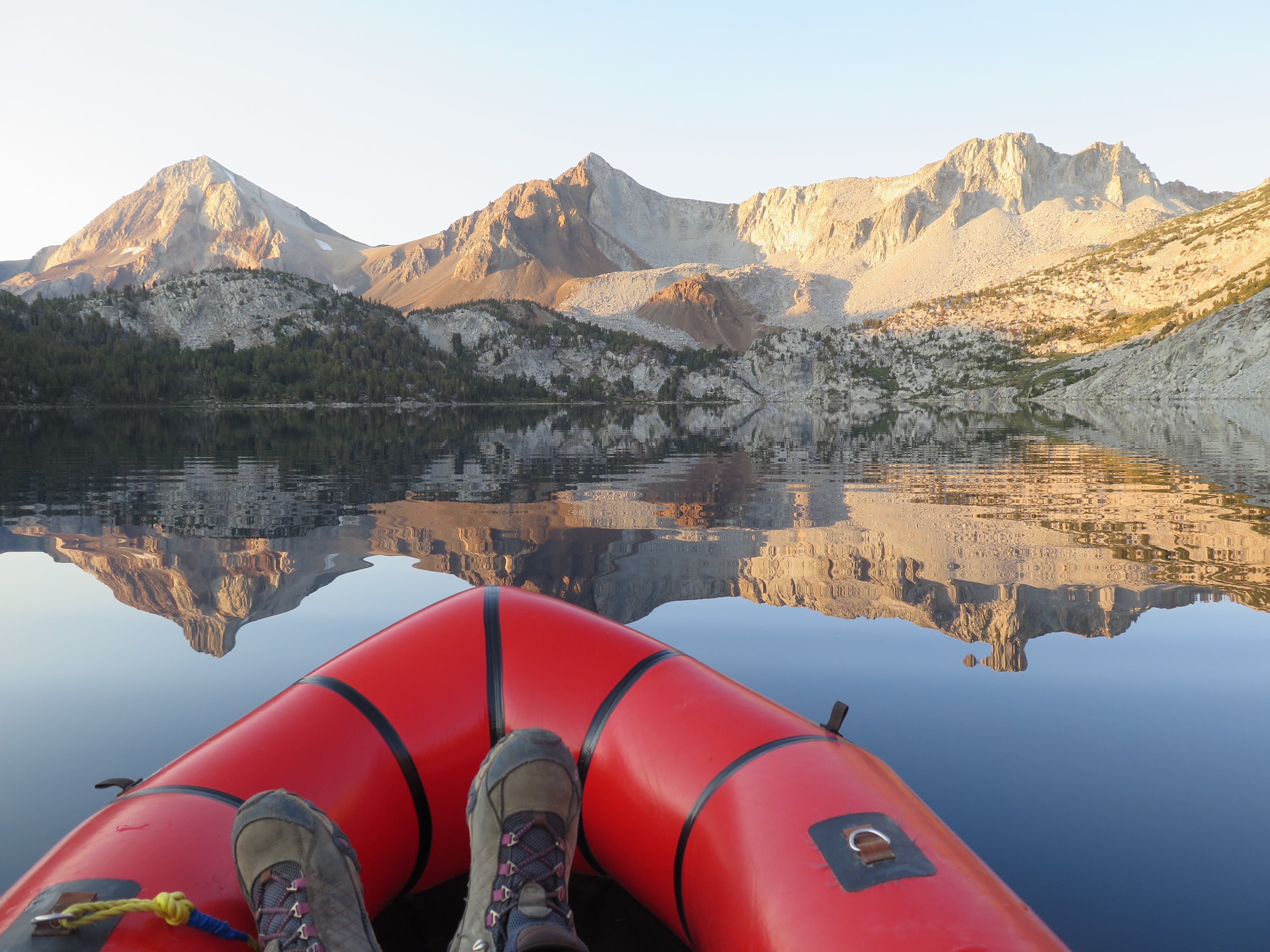 Wearing Oboz Sapphire hiking boots on a lake in the Eastern Sierras, California, USA.