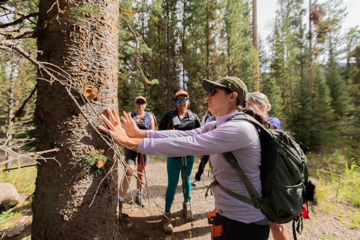 Women at the Over 50 Outside retreat in Bozeman, MT. with Oboz Footwear on a hiking trip. 